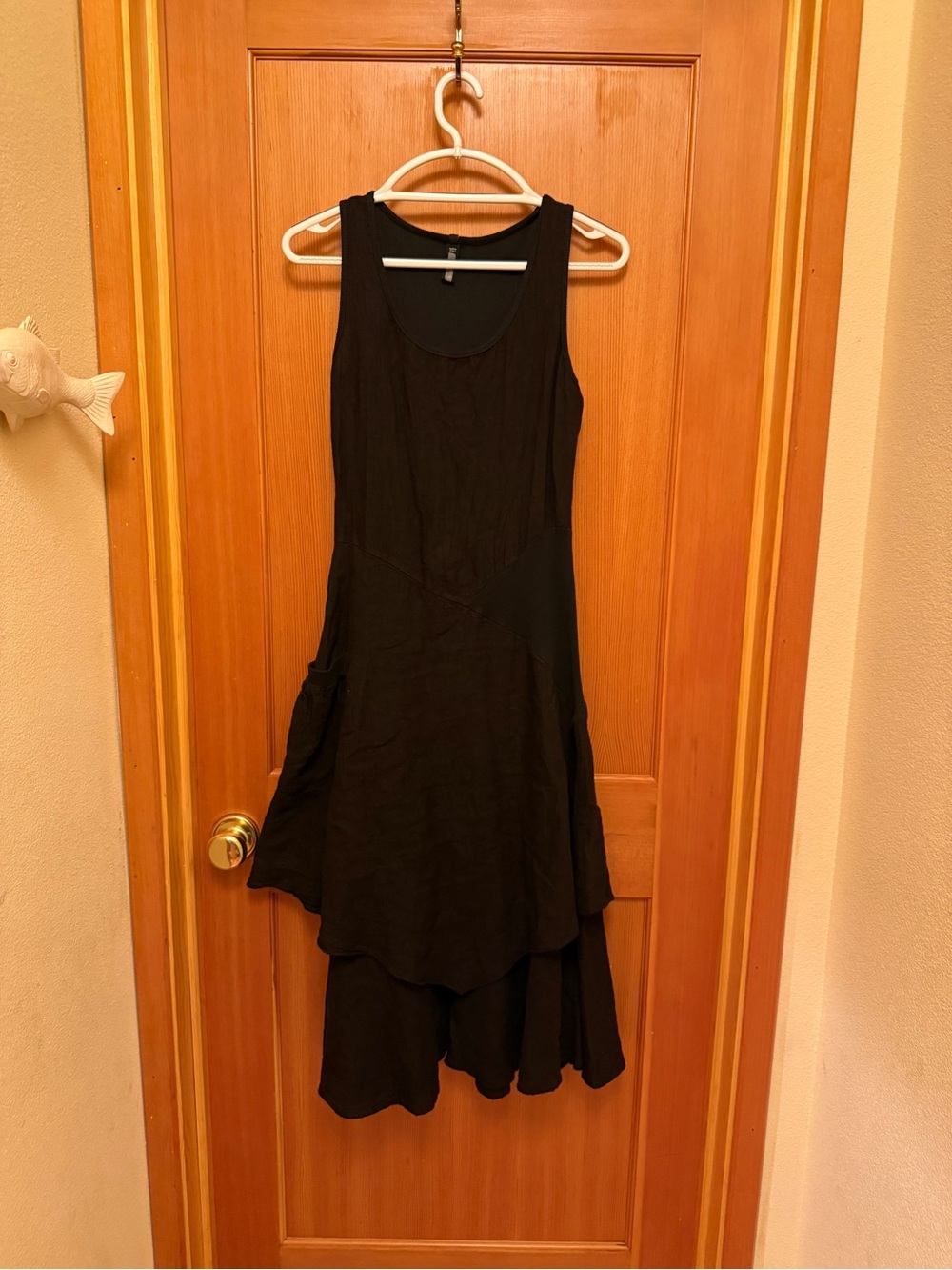Ozone Design Italy Asymmetrical Mixed Media Linen Midi Dress Black